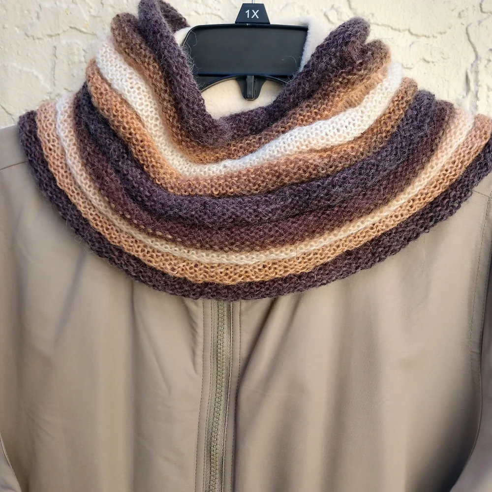 Cowl Scarf Hand Crafted Thin Knit Brown Tan Cream Stripes Hooded Winter Stripes
